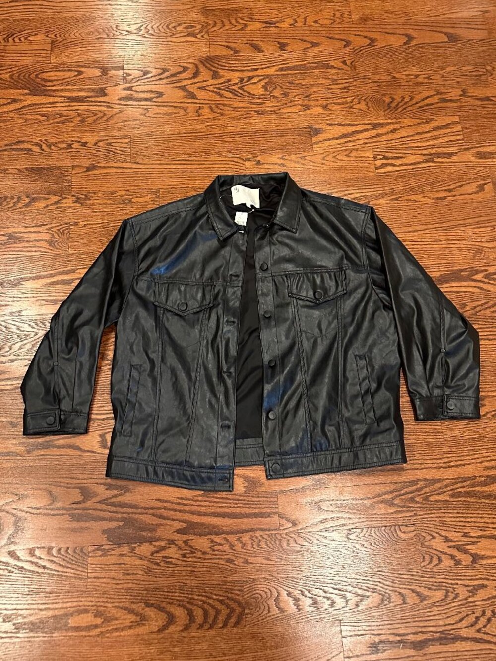 NWT Pilcro Anthropologie Black Faux Leather Oversized Trucker Jacket L